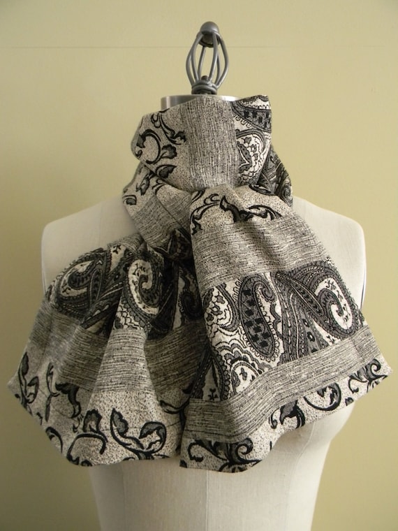 Paisley Reversible Black, Grey and  Pearl Crepe Silk Scarf Fashion Scarf