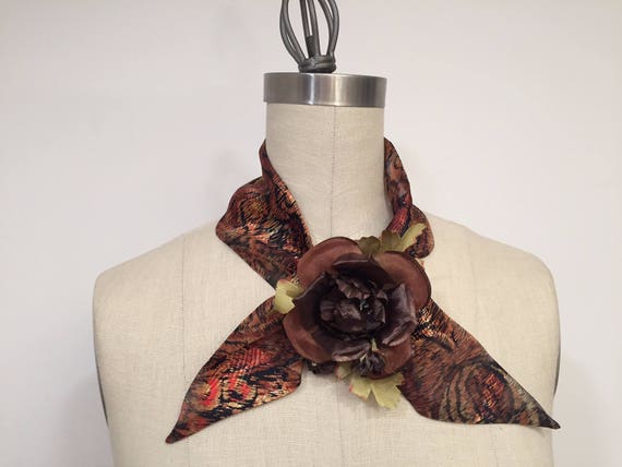 Silky Mini Scarf, Brick Brown Rusty  Beige Olive Black Colors, Skinny Scarf, Headband