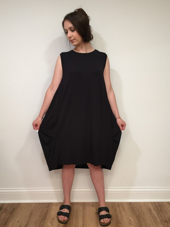 Black bamboo knit fabric dress, oversized dress, sleeveless dress, casual dress, relaxed fit