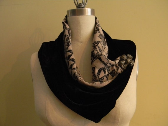 Reversible Black Velvet Scarf  Beige With Black Abstract Pattern Infinity Scarf Neck Wormer Loop Cowl