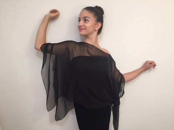 Convertible Silk Chiffon Poncho,  Black Silk Chiffon, Silk Top, Silk Shawl, Scarf, Tunic,One Size, Draped Top