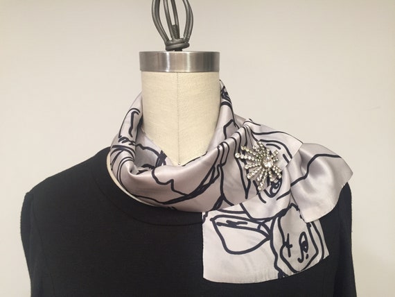 Silk scarf, floral pattern scarf, gray and black scarf, mini scarf