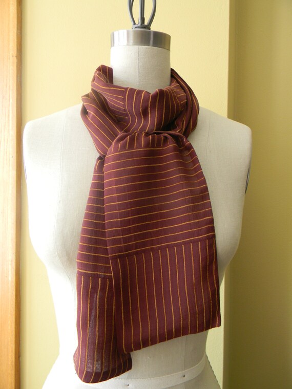 Brick and Orange Striped Silk Chiffon Scarf, Skinny,Fall Scarf, Mini Scarf,Valentines Day Scarf