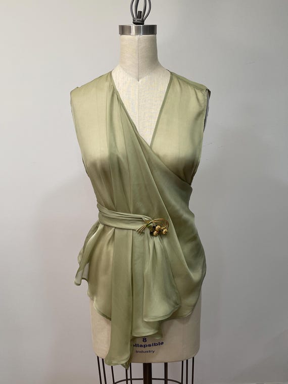 Olimpias sophisticated flowy silk chiffon top, silk vest, wrap, shawl, sage green top, asymmetrical top, one of a kind top