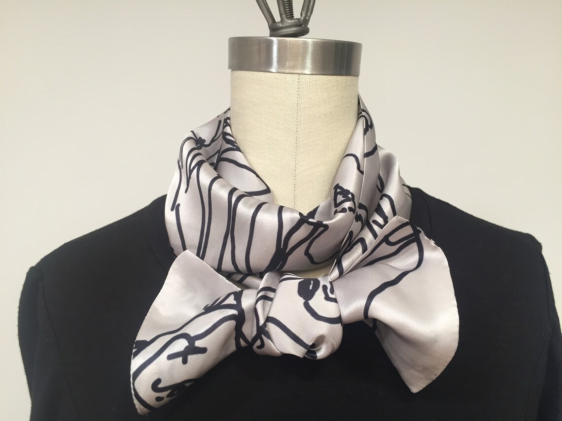 Silk Scarf Floral Pattern Scarf Gray and Black Scarf Mini Etsy