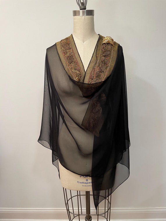 Black silk chiffon poncho, poncho with antique gold zardozi hand embroidered lace trim