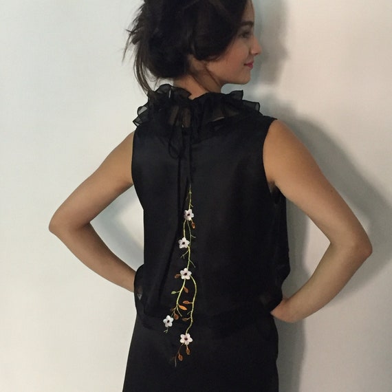 Black silk charmeuse top, top with embroidery ,asymmetric top, silk charmeuse and silk chiffon top, blouse, full lined top, loose fit top