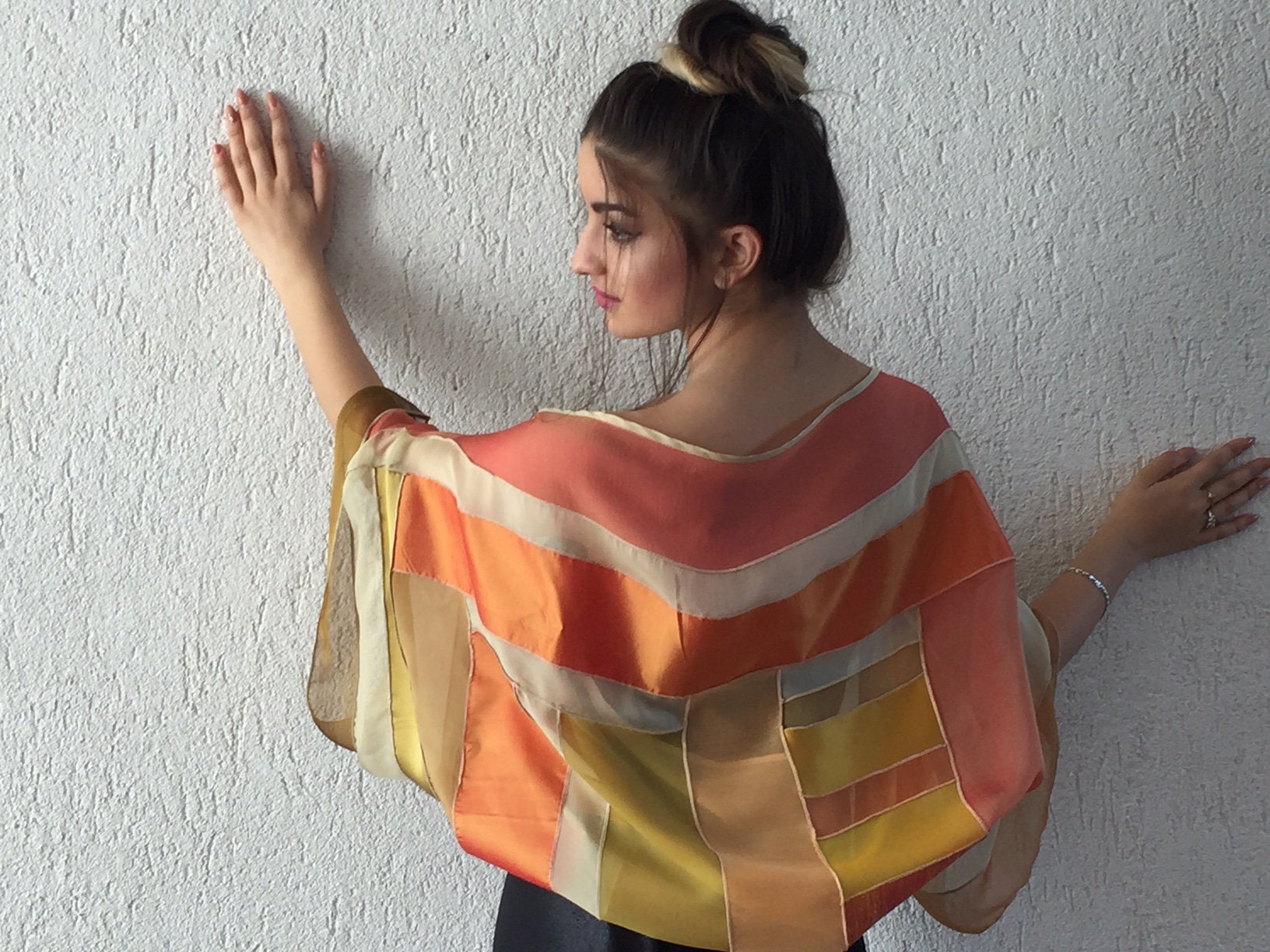 One of the kind shrug, silk shrug, yellow and orange tones shrog