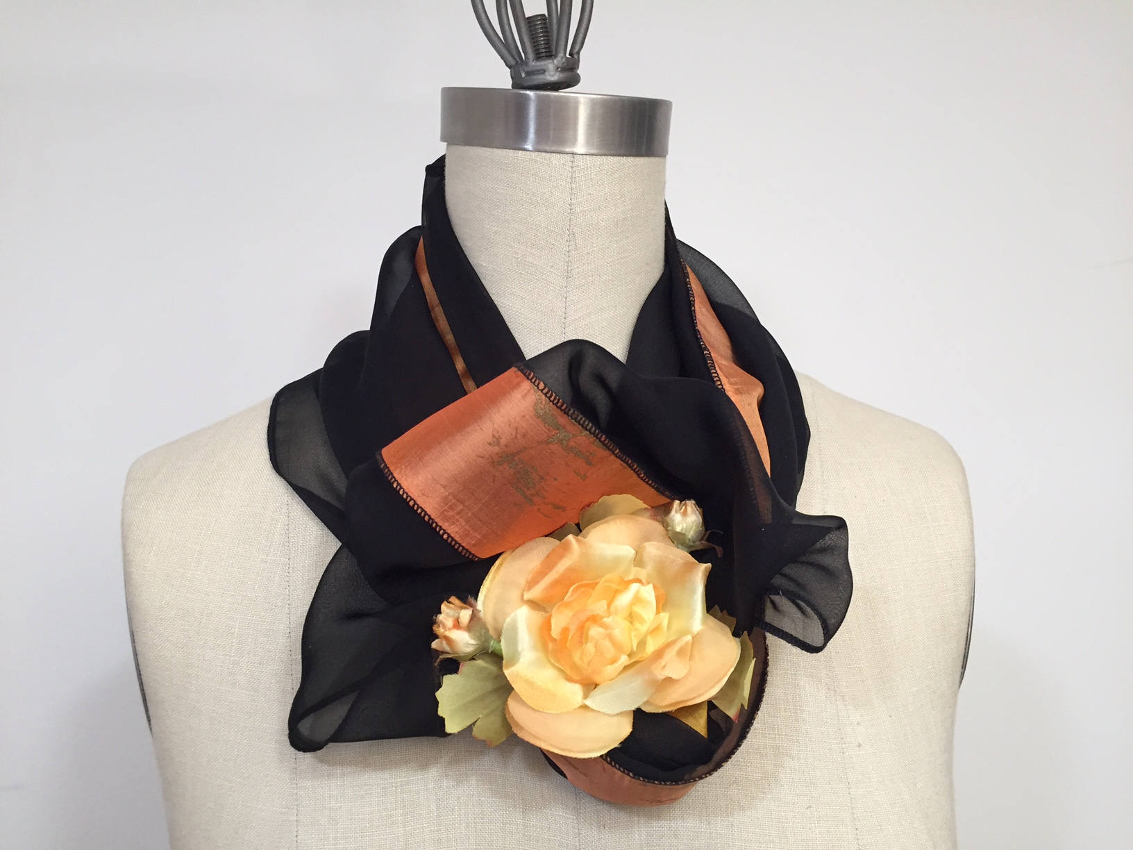 Black And Orange Infinity Scarf, Silk Chiffon Scarf,Circle Scarf, Loop