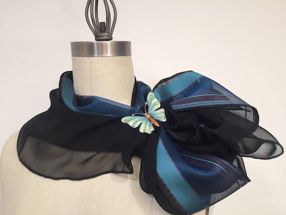 Silk Chiffon And Silk Organza Infinity Scarf, Black Silk scarf, Blue Strips, Loop Scarf, Circle Scarf