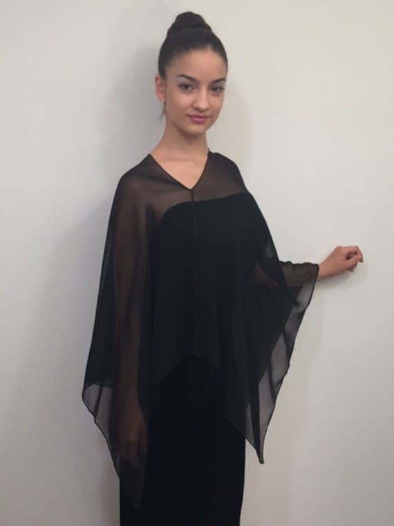 Convertible Silk Chiffon Poncho, Black Silk Chiffon, Silk