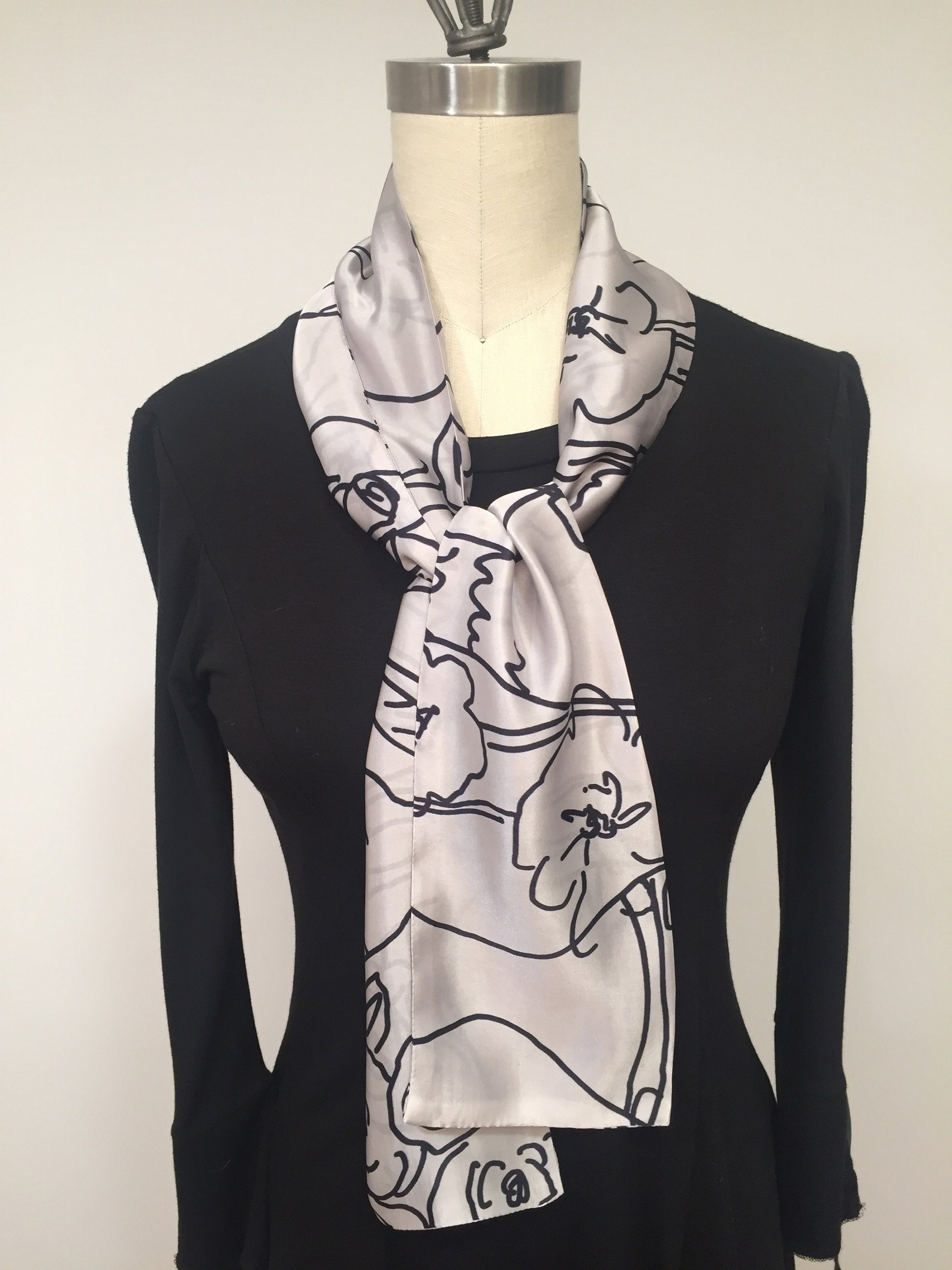 Silk Scarf Floral Pattern Scarf Gray and Black Scarf Mini Etsy