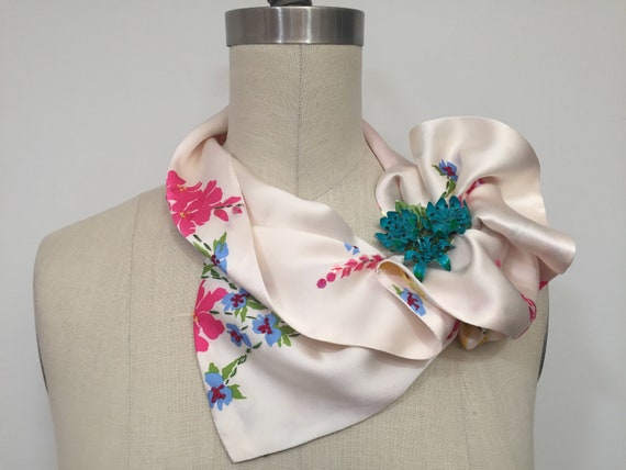 Luxurious silk charmeuse scarf, white background wildflower pattern with sequins