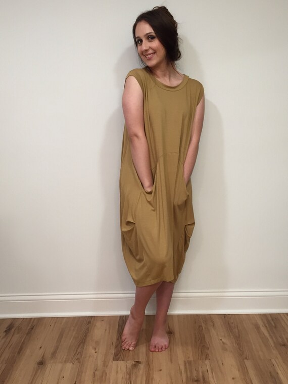 Knit fabric dress, sesame color dress, oversized dress, sleeveless dress, dress with pockets, casual dress, relaxed fit dress