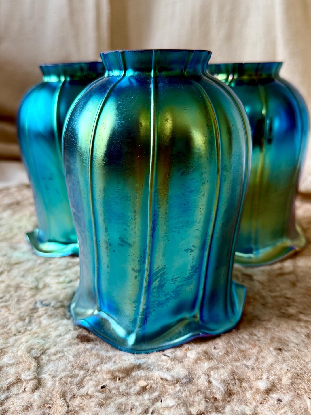 Tulip Iridescent Art Glass Blue Green Lamp Shade Set - Etsy