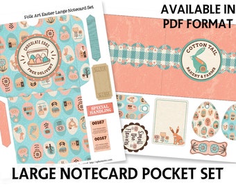 Junk Journal Printable - Folk Art EASTER - Large Notecards Set - Loaded Pocket - Floral Digital Pocket - Journal Insert - EASTER Notecard