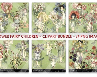 Digital Clipart Images - Fairy Flower Children - Digital Scrapbooking - Cardmaking Clipart - Vintage Clipart Images - Floral Clipart Set