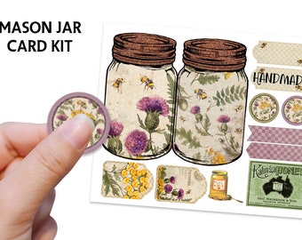 Printable MASON JAR CARD Kit - Vintage Floral Card Kit - Cardmaking Elements - Mason Jar Mini Book - Journal - Mason Jar Printable Card Set