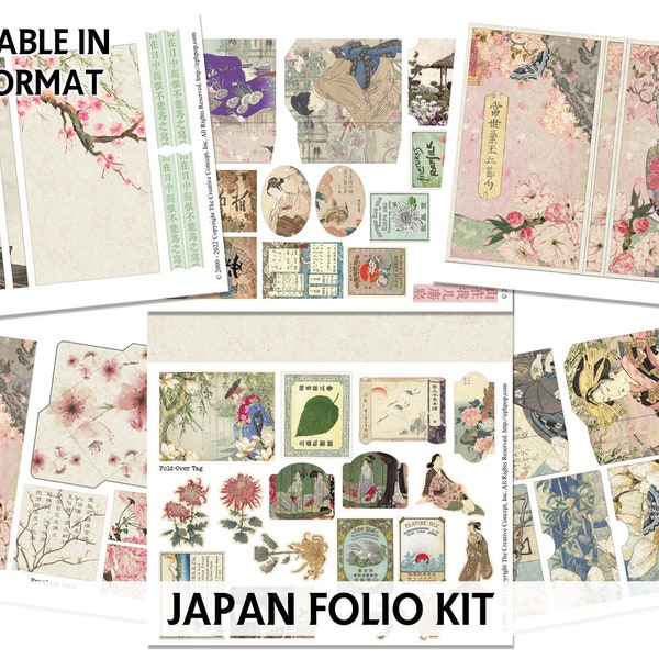 Junk Journal Printable - JAPANESE Folio Kit - Digital Scrapbook - Printable Mini Book - Japan Flip Tag Folio - Vintage Japan Mini Booklet