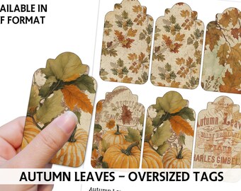 AUTUMN LEAVES Printable Tags - Fall Leaves and Pumpkins - Vintage Sheet Music Tags - Cottage Core Pumpkins - Pumpkin Tags - Download