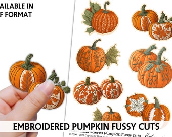 Fussy Cut PUMPKINS - Embroidered Pumpkins CLIPART - Fussy Cut - Cardmaking - Digital Scrapbook - Pumpkins Digital Clipart - Ephemera Clipart