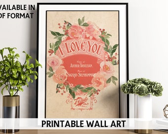 Valentine Printable WALL ART - Love - Vintage Sheet Music Wall Art - Romantic Word Art Home Decor Print - Image Transfer - DIY Home Decor