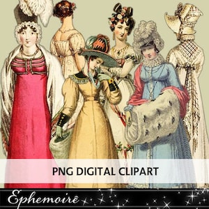 JANE AUSTEN Regency Fashion -  Digital Clipart PNG Images - Pemberley - French Regency Women&#39;s Fashions - Instant Download - Digital Images