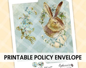 Junk Journal Printable - Digital Printable Envelope - Policy Envelope Printable - Bunny Envelope - Easter Printable Envelope - Download