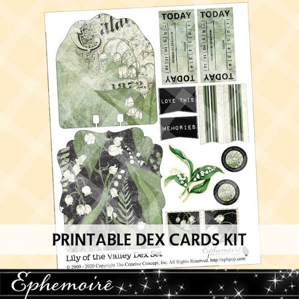 Printable DEX Cards with Ephemera - Lily of the Valley - Dex Card Printable - Printable Dex Cards and Embellishments - Floral - Green Dex