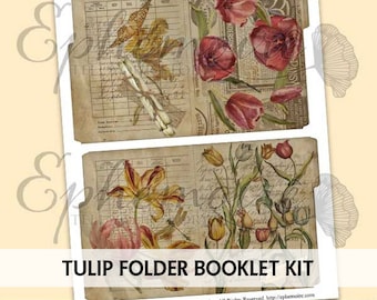 Junk Journal Printable - FILE FOLDER BOOKLETS - Vintage Tulips - Printable Mini Folders - Printable Crafts - Ephemera File Folder Mini Books