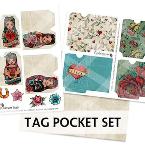 Junk Journal Printable - ROCKABILLY Tag Pocket Set - Vintage Tattoo Art - Tattoo - Retro 1950s - Tattoo Style - Rockabilly - Journal Pockets