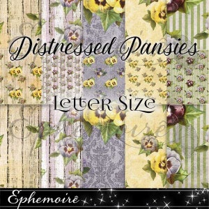 Digital Printable Papers - Digital Paper - DISTRESSED PANSIES - Journal Papers - Scrapbook Paper - Letter Size - Vintage Floral PANSY Papers