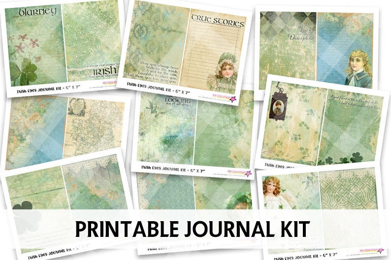 Junk Journal Kit Shamrocks St Patricks Digital Scrapbook Cardmaking Papers Shamrock Digital Papers Irish Collage Papers image 1