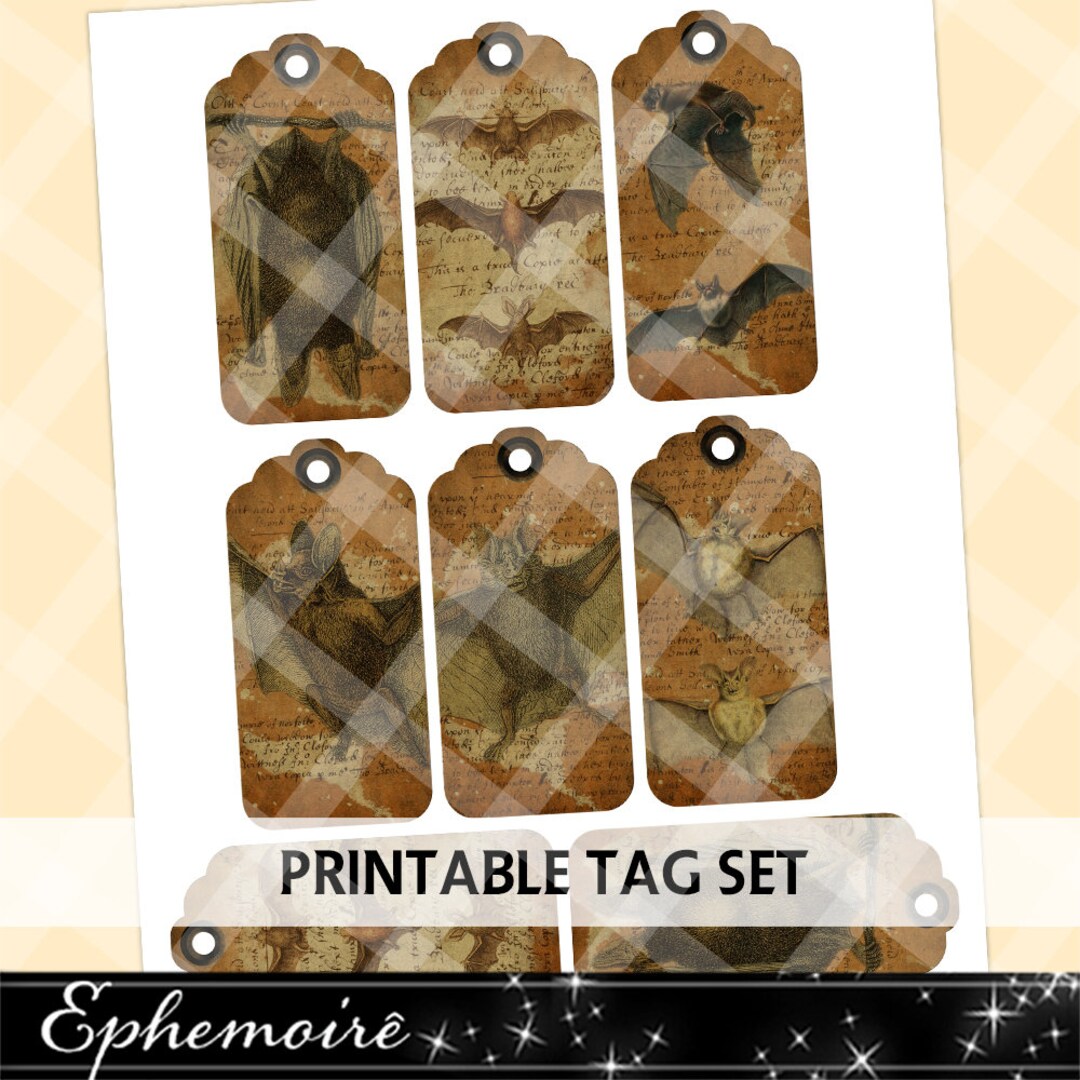 Digital Collage Printable Tag Sheet Creepy Halloween Bats Goth Hang Tag ...