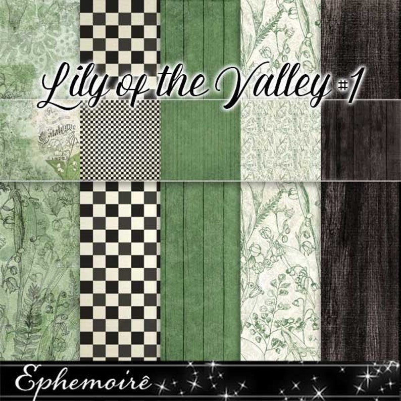 Journal or Scrapbook Papers Digital Papers LILY of THE VALLEY #1 12x12 Size Black Green Floral Paper Digital Printable Papers