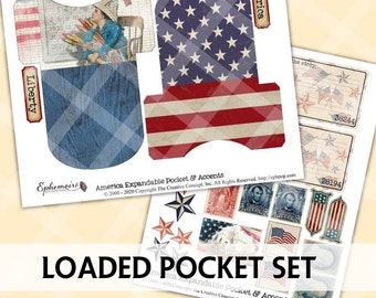 Junk Journal Printable - Patriotic AMERICA - July 4 - America - Loaded Pocket Set - Digital Pocket - Patriotic Ephemera - Loaded Pocket Set