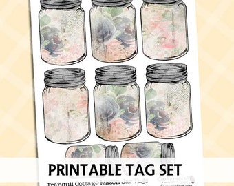 Printable Mason Jar Journal Cards - Pastel MASON JAR Collage - Digital Tags Cards - Digital Scrap - DIY Tags - Canning Jar Journal Cards