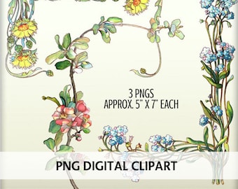 Digital Clipart - Watercolor Floral Border - Floral Clipart - Cardmaking - Digital Scrapbook - Flower Clipart - Art Journaling - Art Nouveau