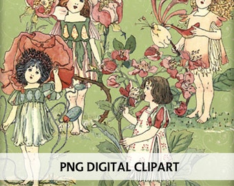 Digital Clipart Images - Fairy Flower Children - Digital Scrapbooking - Cardmaking Clipart - Vintage Clipart Images - Floral Clipart Set