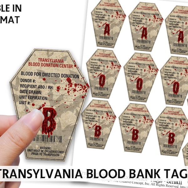 Printable Transylvania Blood Bank TAGS - HALLOWEEN Casket SMALL Tags - Goth Tags - Vampire Blood Bank - Blood Donor Tags - Printable