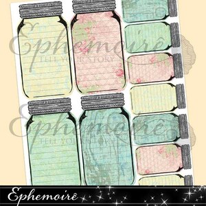 Printable Mason Jar Journal Cards - Pastel MASON JAR Collage - Digital Tags Cards - Digital Scrap - DIY Tags - Canning Jar Journal Cards