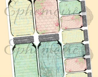 Printable Mason Jar Journal Cards - Pastel MASON JAR Collage - Digital Tags Cards - Digital Scrap - DIY Tags - Canning Jar Journal Cards