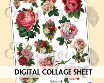 Junk Journal Printable - Fussy Cut ROSES - Clipart - Digital Scrapbook - Rose Ephemera - Victorian Diecut - Shabby Roses Digital Clipart