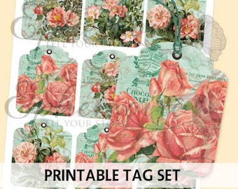 Junk Journal Printable - VINTAGE FLORAL TAGS - Digital Scrapbooking - Printable Gift Tags - Shabby Chic Gift Tag - Roses Printable Tags