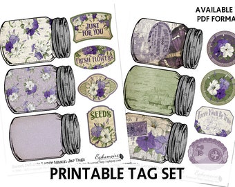 PETUNIA Mason Jar Tags - Junk Journal Printable - Large Size Mason Jar Tags - Botanical Tags - Purple - Mason Jar Printable Tags