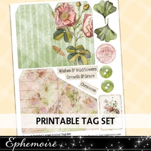 Tagi do druku Junk Journal - TAGI Shabby Chic - RÓŻE - Scrapbooking cyfrowy - Tworzenie kartek - Zestaw tagów do druku cyfrowego Rose Ephmera