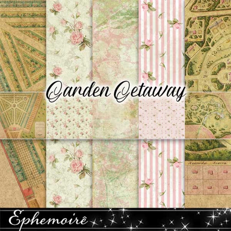 Set of 5 12x12 Vintage Shabby Chic Pink Roses Digital Papers Journal or Scrapbook Papers Digital Printable Papers GARDEN GETAWAY