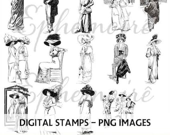 DIGITAL STAMPS - Vintage Fashion Illustrations - Digi Stamps - Vintage Fashion PNG Clipart - Line Art Vintage Fashion - Adult Coloring