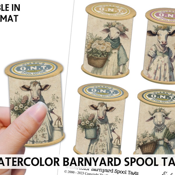 PRINTABLE SPOOL TAGS - Watercolor Barnyard Animals - Cows - Lambs - Sewing Tags - Gift Tags - Shabby Spool Printable Tags - Instant Download