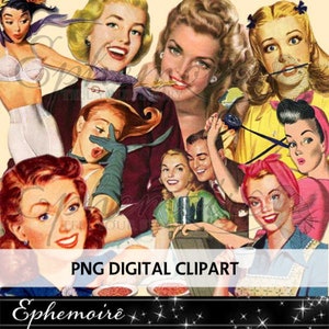 Clipart retrô - Publicidade de meados do século - Álbum de recortes digital - Elementos de confecção de cartões - Clipart dos anos 50 - Estilo de vida retrô - Imagens retrô exigentes